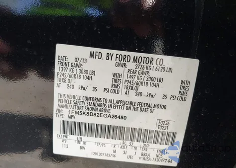 2014 Ford Explorer Xlt из США, поврежденный, VIN 1FM5K8D82EGA26480